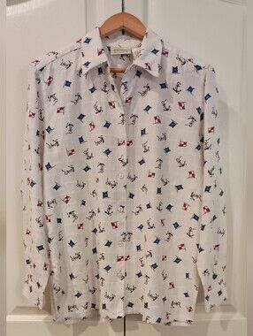Erika White Button-Front Blouse with Red & Blue Nautical Print
